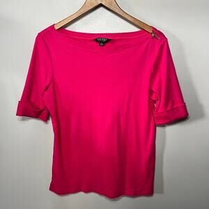 Lauren Ralph Lauren Top Knit Fuchsia Pink Gold Zip Casual Spring Resort Preppy L